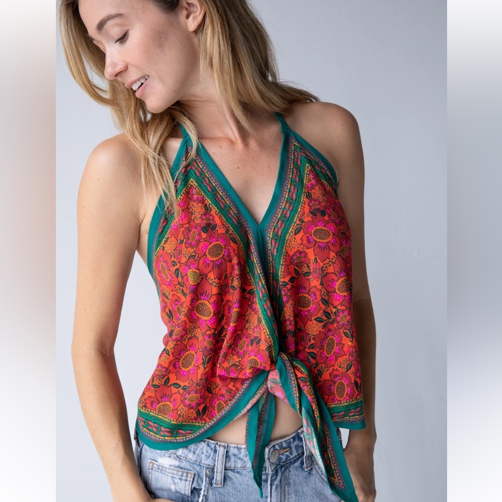 NATURAL LIFE Pink and Orange Floral Tie-Front Halter Top with Green Trim